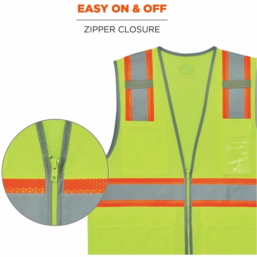 Ergodyne 8246Z 2-Tone High-Visibility Safety Vest, X-Large, Zipper Closure, 6 Pockets, Polyester Mesh, Lime, Reflective Piping, Badge Holder, Mic Tabs, Machine Washable, 1 Each
