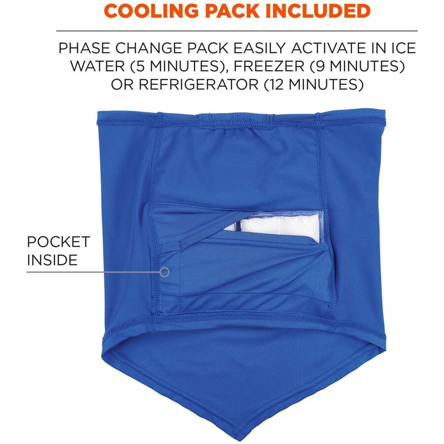 Ergodyne 6482 Cooling Neck Gaiter Bandana with Rechargeable Phase Change Ice Packs, Small/Medium, Blue, 1 Each
