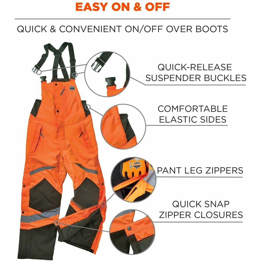 Ergodyne 8928 Hi-Vis Insulated Rain Bibs, XX-Large, Orange/Black, Polyester/300D Oxford Polyester/Polyurethane, 33" Inseam, 48.5" Waist, 3 Pockets, 1 Each