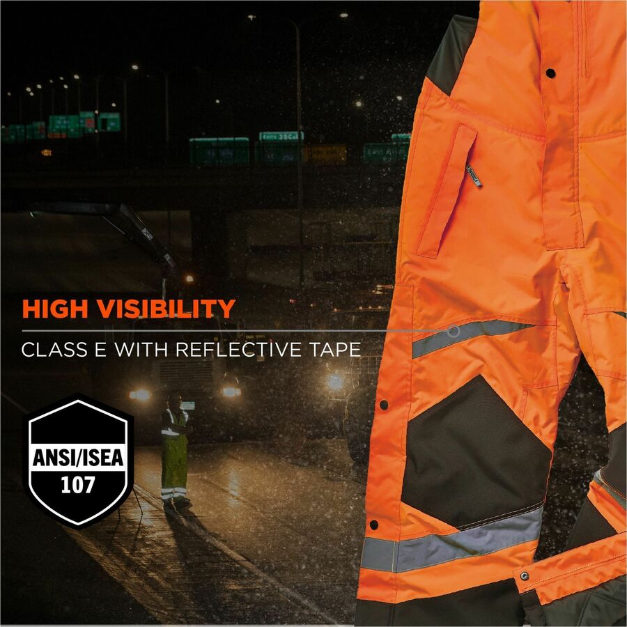 Ergodyne 8928 Hi-Vis Insulated Rain Bibs, 5XL, Orange/Black, Polyester, 300D Oxford, Polyurethane, 1 Each