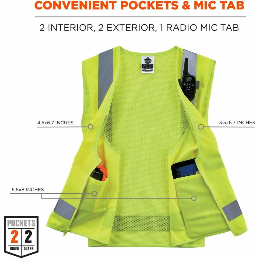 Ergodyne GloWear 8249Z Hi-Vis Surveyors Vest, Extra Small, Lime, Zipper Closure, 4 Pockets, Polyester, Mesh Back, Reflective, Lightweight, Breathable, 1 Each