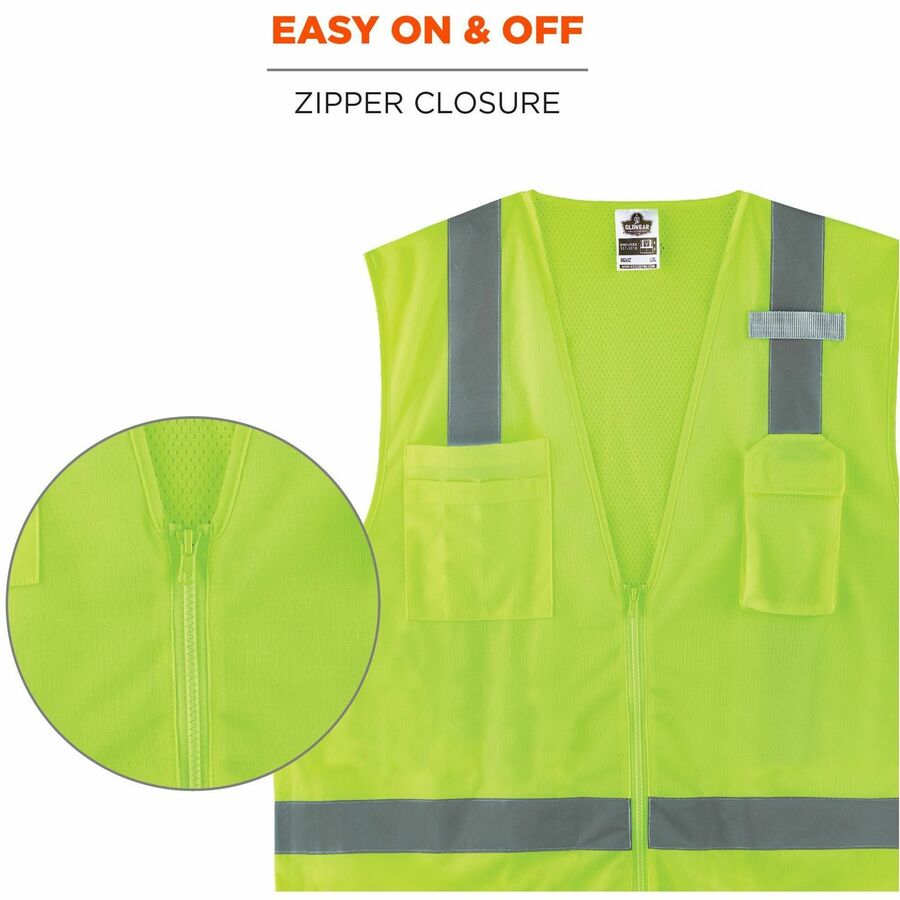 Ergodyne GloWear 8249Z Hi-Vis Surveyors Vest, Extra Small, Lime, Zipper Closure, 4 Pockets, Polyester, Mesh Back, Reflective, Lightweight, Breathable, 1 Each