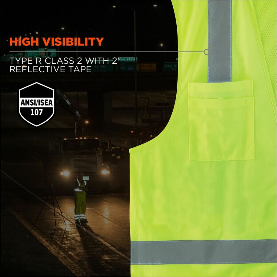 Ergodyne GloWear 8249Z Hi-Vis Surveyors Vest, Extra Small, Lime, Zipper Closure, 4 Pockets, Polyester, Mesh Back, Reflective, Lightweight, Breathable, 1 Each