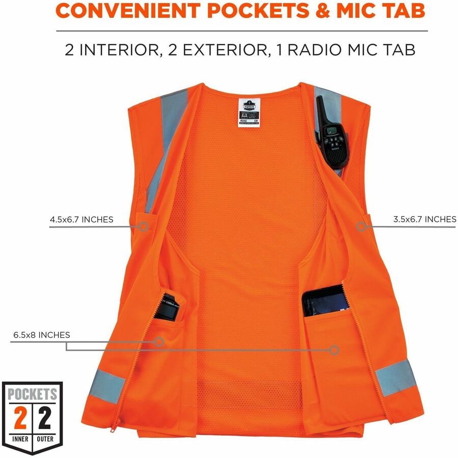 Ergodyne GloWear 8249Z Hi-Vis Surveyors Vest, Small, Orange, Zipper Closure, 4 Pockets, Polyester, Mesh Back, Reflective, Lightweight, Breathable, Machine Washable, 1 Each