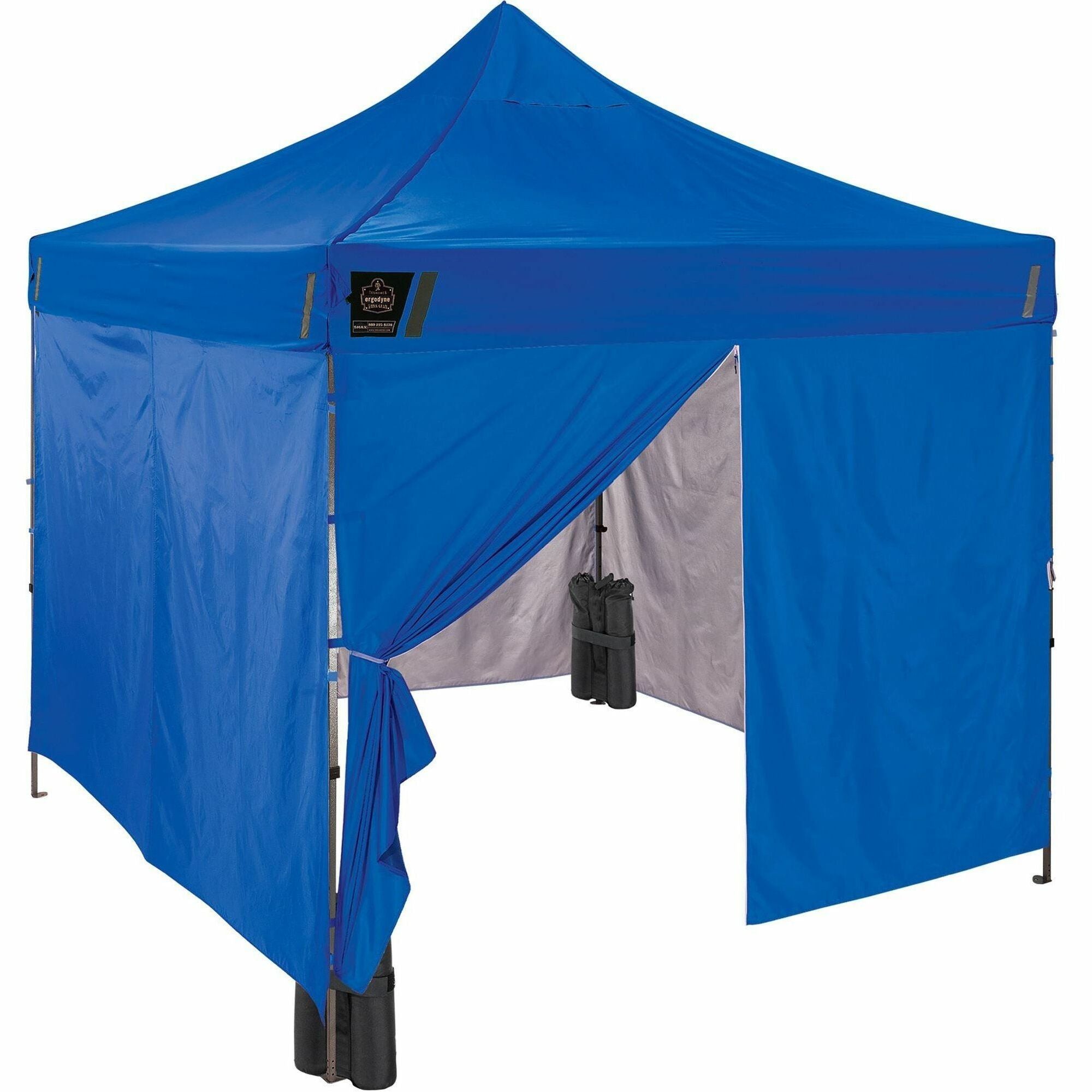 Ergodyne SHAX 6053 Heavy-Duty Pop-Up Tent Kit, Blue, Steel Frame, 10 ft x 10 ft x 14 ft, Includes 1 Tent, 1 Sidewall with Zipper, 3 Sidewalls, Weight Bags, Storage Bag, Polyester Canopy