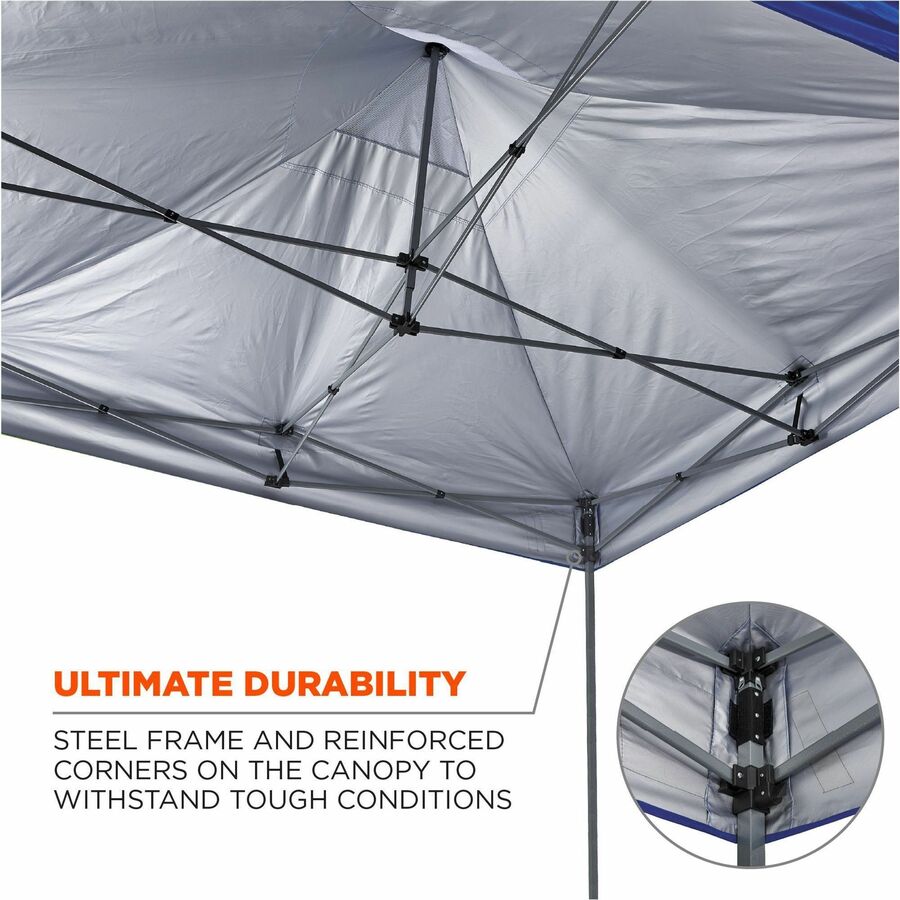Ergodyne SHAX 6053 Heavy-Duty Pop-Up Tent Kit, Blue, Steel Frame, 10 ft x 10 ft x 14 ft, Includes 1 Tent, 1 Sidewall with Zipper, 3 Sidewalls, Weight Bags, Storage Bag, Polyester Canopy