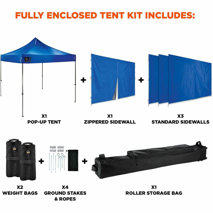 Ergodyne SHAX 6053 Heavy-Duty Pop-Up Tent Kit, Blue, Steel Frame, 10 ft x 10 ft x 14 ft, Includes 1 Tent, 1 Sidewall with Zipper, 3 Sidewalls, Weight Bags, Storage Bag, Polyester Canopy