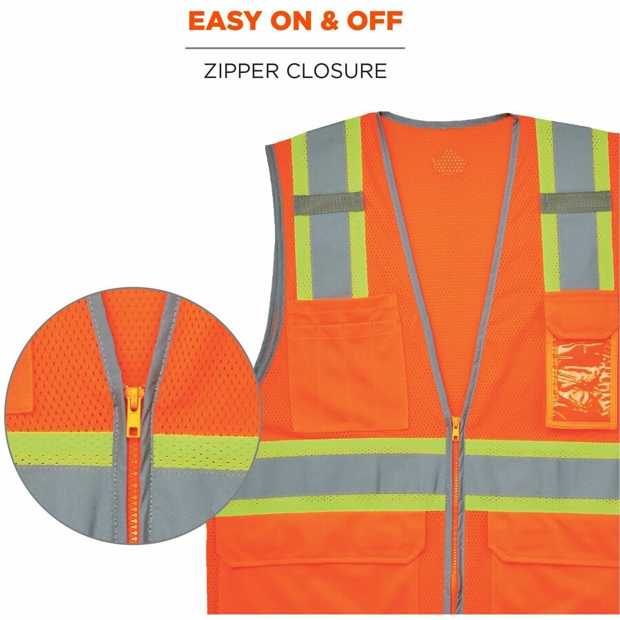 Ergodyne 8246Z 2-Tone High-Visibility Safety Vest, Large, Zipper Closure, 6 Pockets, Polyester Mesh, Orange, Reflective Piping, Machine Washable, 1 Each