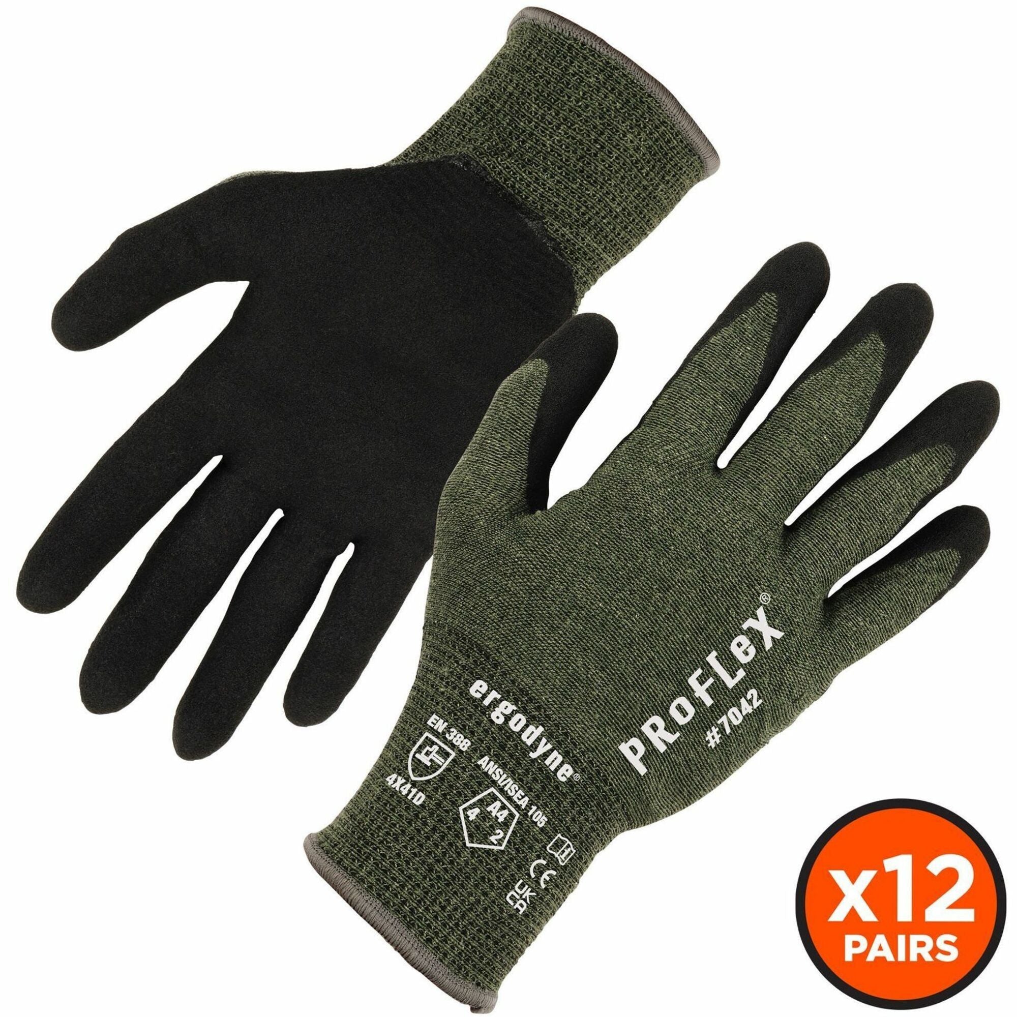 Ergodyne ProFlex 7042 Nitrile-Coated Cut-Resistant Gloves, XXL, Green, Synthetic Fiber, Touchscreen Capable, Machine Washable, 18-Gauge, ANSI A4, 2 Pairs per Pack, 12 Packs