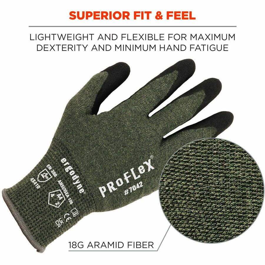 Ergodyne ProFlex 7042 Nitrile-Coated Cut-Resistant Gloves, XXL, Green, Synthetic Fiber, Touchscreen Capable, Machine Washable, 18-Gauge, ANSI A4, 2 Pairs per Pack, 12 Packs