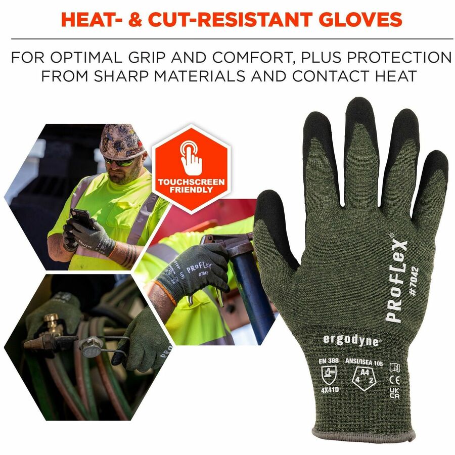 Ergodyne ProFlex 7042 Nitrile-Coated Cut-Resistant Gloves, XXL, Green, Synthetic Fiber, Touchscreen Capable, Machine Washable, 18-Gauge, ANSI A4, 2 Pairs per Pack, 12 Packs