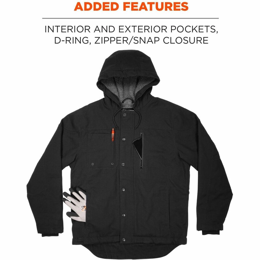 Ergodyne N-Ferno 6468 Heavy-Duty Canvas Jacket, 4-Xtra Large, Black, Snap/Zipper Closure, 6 Pockets, Fleece/Canvas/Cotton/Polyester, Water & Wind Resistant, Insulated, Adjustable Drawstring Hood, 1 Each