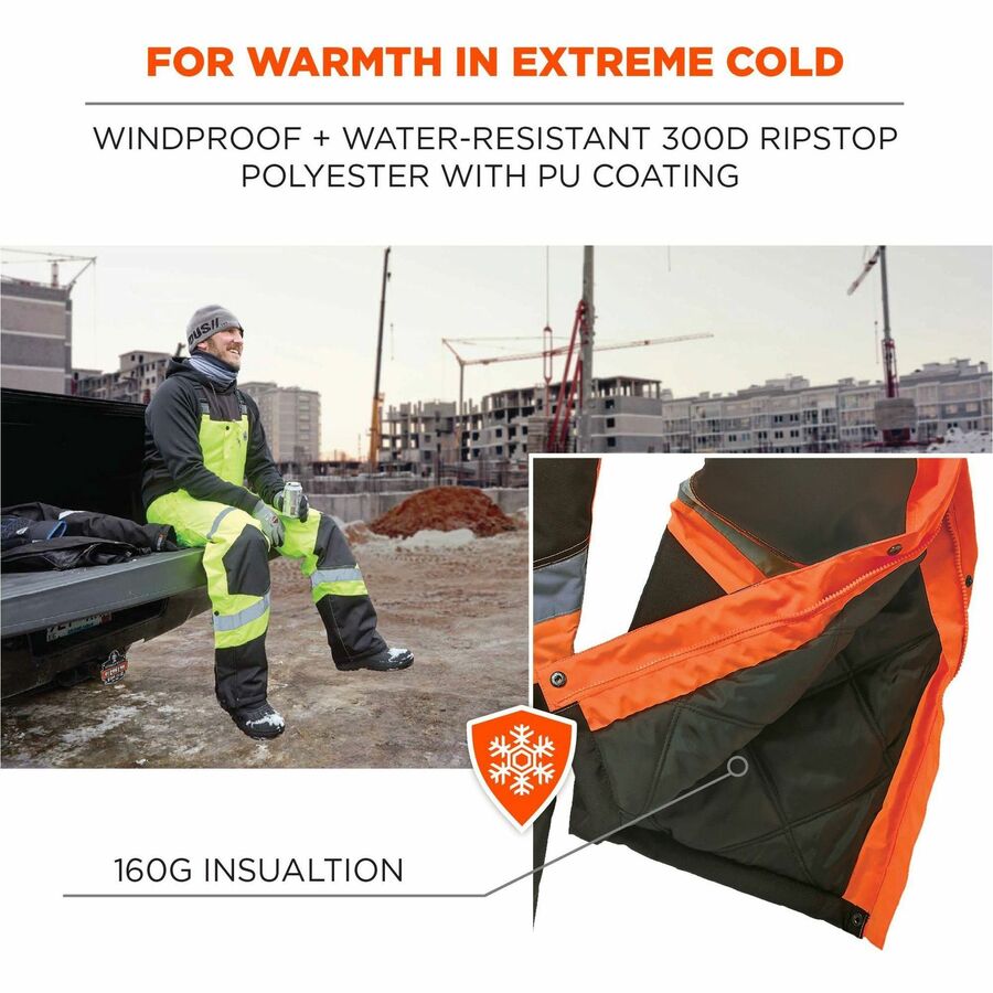 Ergodyne 8928 Hi-Vis Insulated Rain Bibs, X-Large, Orange/Black, Polyester, 300D Oxford, Polyurethane, 300D Ripstop, 3 Pockets, 1 Each
