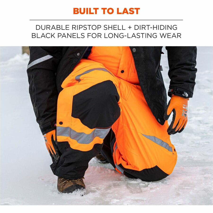 Ergodyne 8928 Hi-Vis Insulated Rain Bibs, X-Large, Orange/Black, Polyester, 300D Oxford, Polyurethane, 300D Ripstop, 3 Pockets, 1 Each