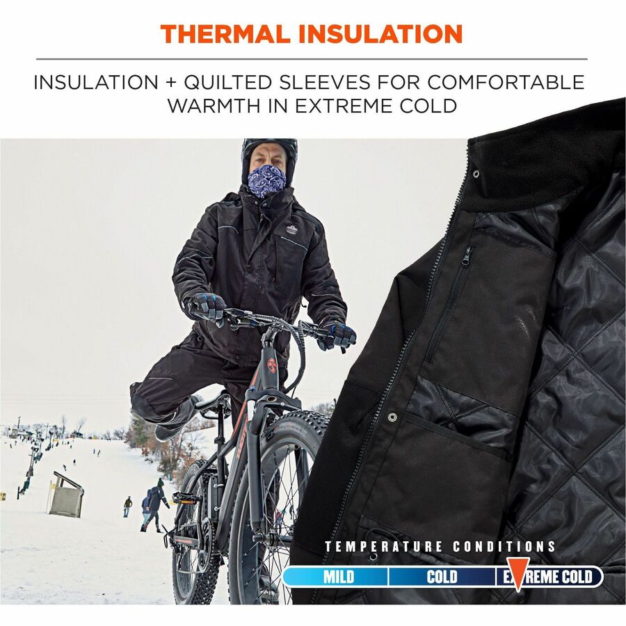 Ergodyne N-Ferno 6467 Winter Work Jacket, 3X-Large, Black, Polyester, 5 Pockets, Snap/Zipper Closure, Hook & Loop Wrist, Detachable Drawstring Hood, Water & Wind Resistant, Insulated, 1 Each
