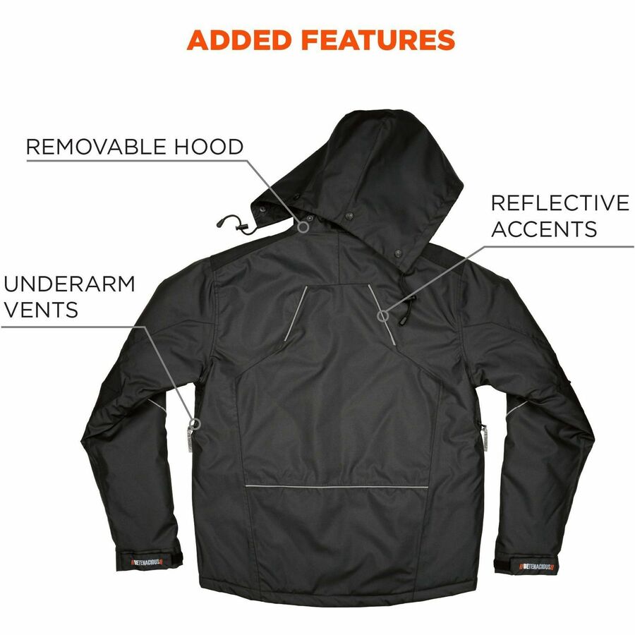 Ergodyne N-Ferno 6467 Winter Work Jacket, 3X-Large, Black, Polyester, 5 Pockets, Snap/Zipper Closure, Hook & Loop Wrist, Detachable Drawstring Hood, Water & Wind Resistant, Insulated, 1 Each