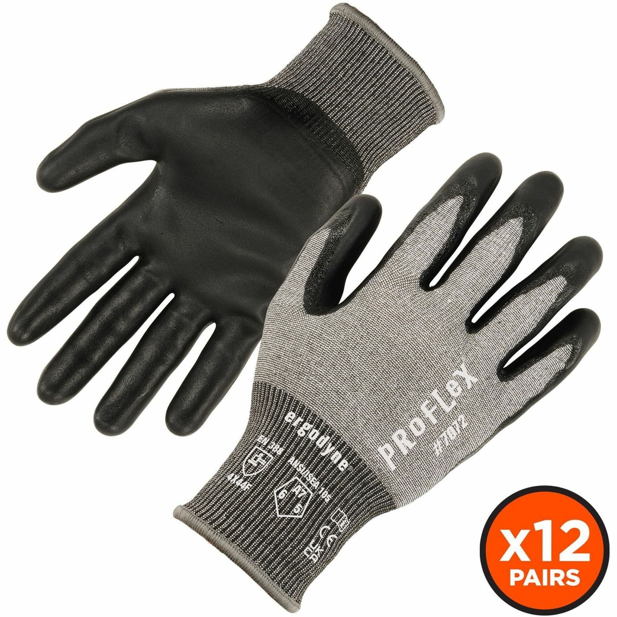 Ergodyne ProFlex 7072 Nitrile-Coated Cut-Resistant Gloves, Small, Gray, ANSI A7, 18-Gauge, Dual Layer, Machine Washable, Non-slip Grip, 2 Pairs per Pack