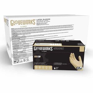 Ammex Gloveworks Ivory Latex Powder-Free Industrial Gloves, 8 mil, Medium, Heavy-Duty, Textured Micro-Roughened Grip, Puncture Resistant - 10/Carton