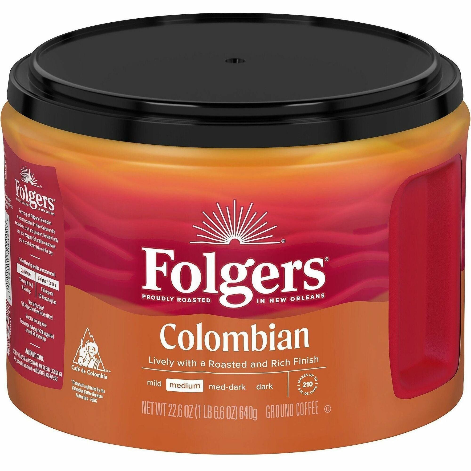 Folgers 100% Colombian Ground Coffee, Medium Roast, 22.6 oz Canister, Arabica Blend, 1 Each
