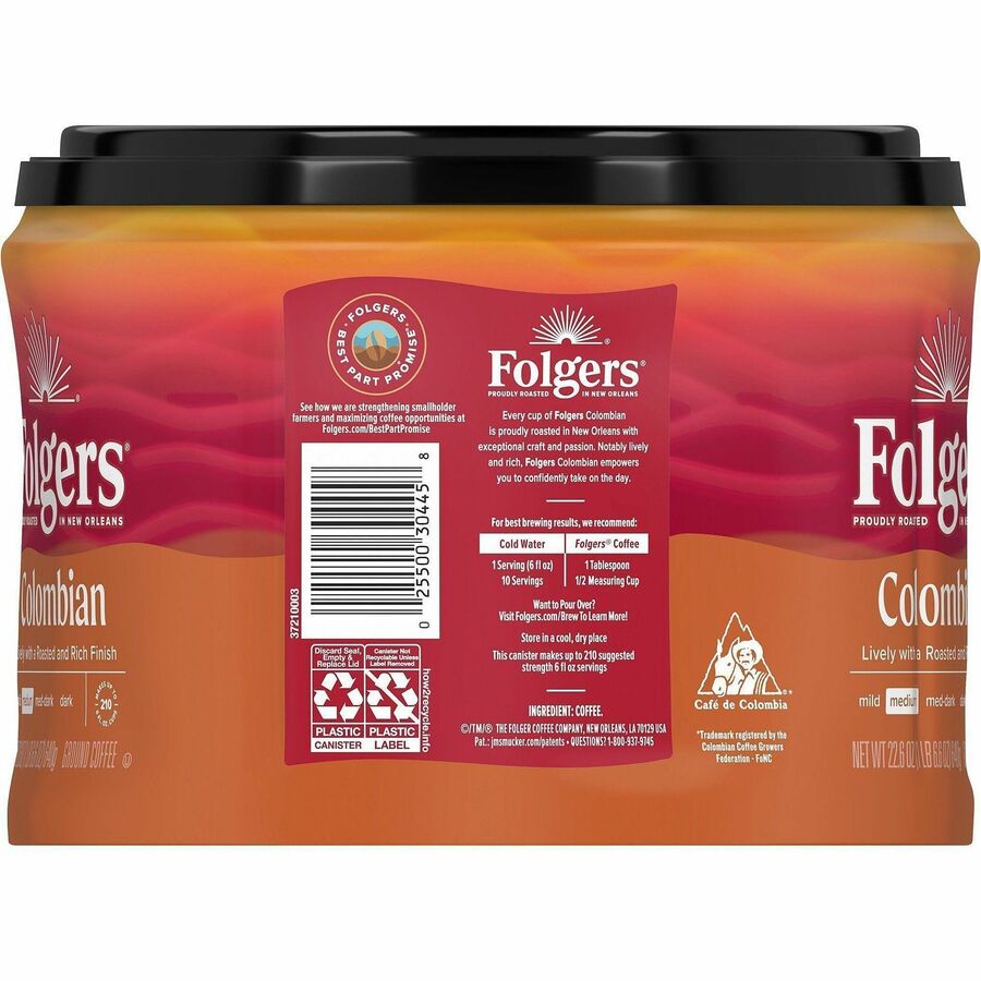 Folgers 100% Colombian Ground Coffee, Medium Roast, 22.6 oz Canister, Arabica Blend, 1 Each