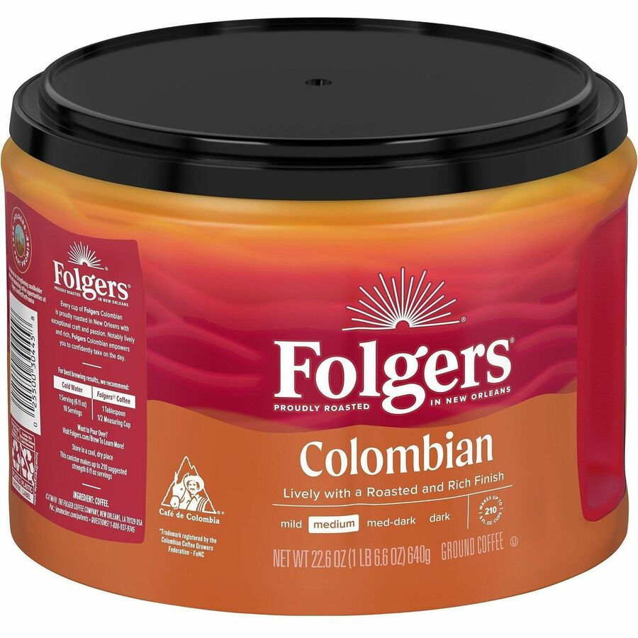 Folgers 100% Colombian Ground Coffee, Medium Roast, 22.6 oz Canister, Arabica Blend, 1 Each