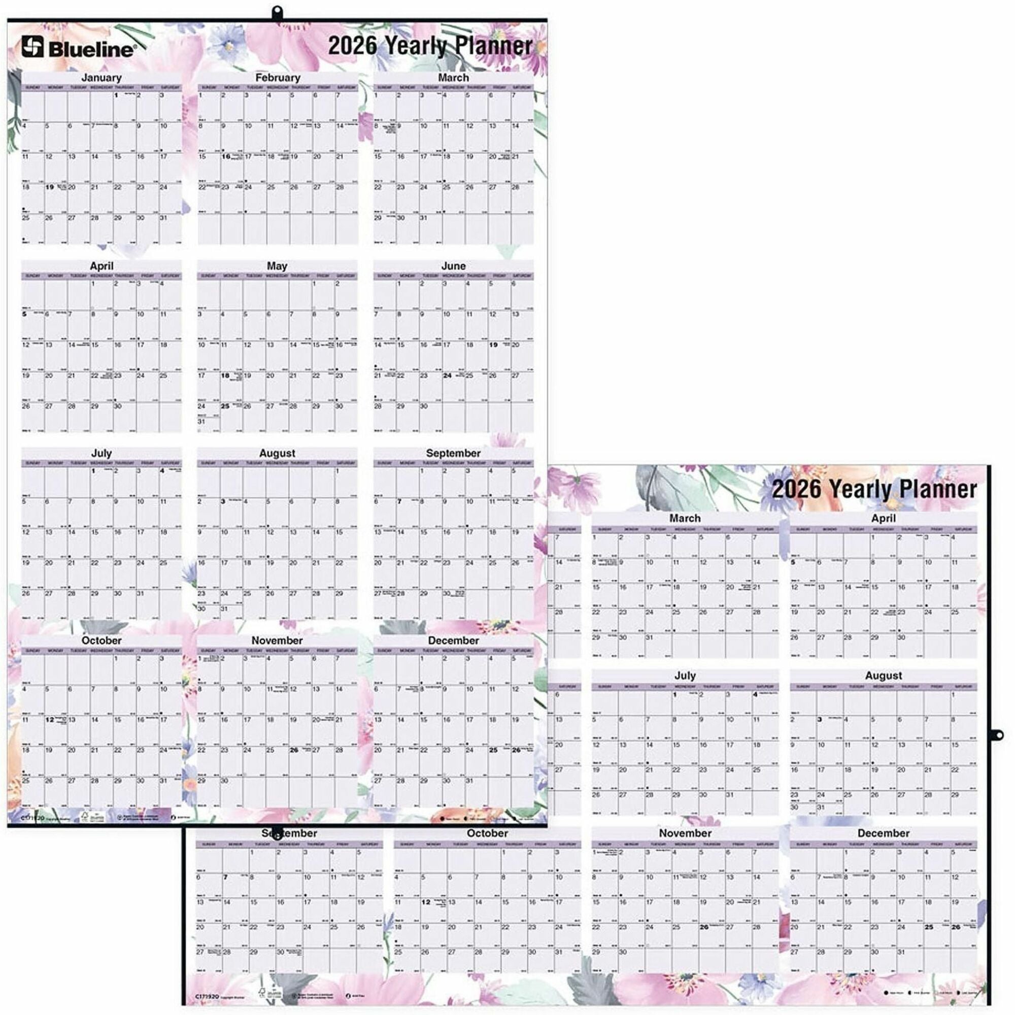 Large - Monthly, Yearly - 12 Month - January 2026 to December 2026 - 36" x 24" Sheet Size - Wall Mount - Metal - 3" Height x 3" Width - Yearly Calendar, Laminated, Eyelet, Hanging Hole, Printed - 1 Each