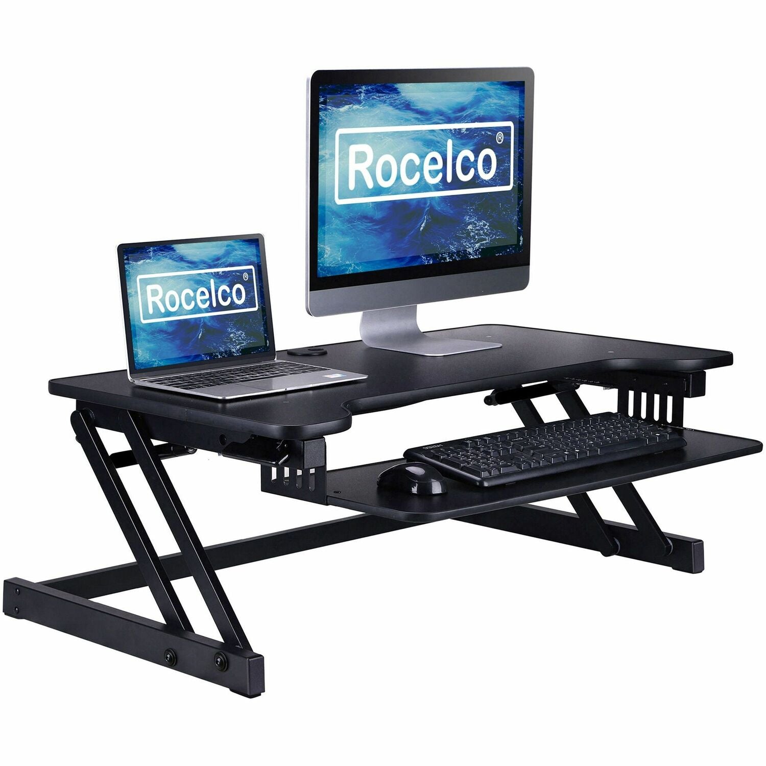 Rocelco DADR 37.4" Deluxe Adjustable Desk Riser, Black, 17" Height x 37.4" Width x 23.3" Depth, Metal Frame, Includes Keyboard Tray and Grommet, 1 Each