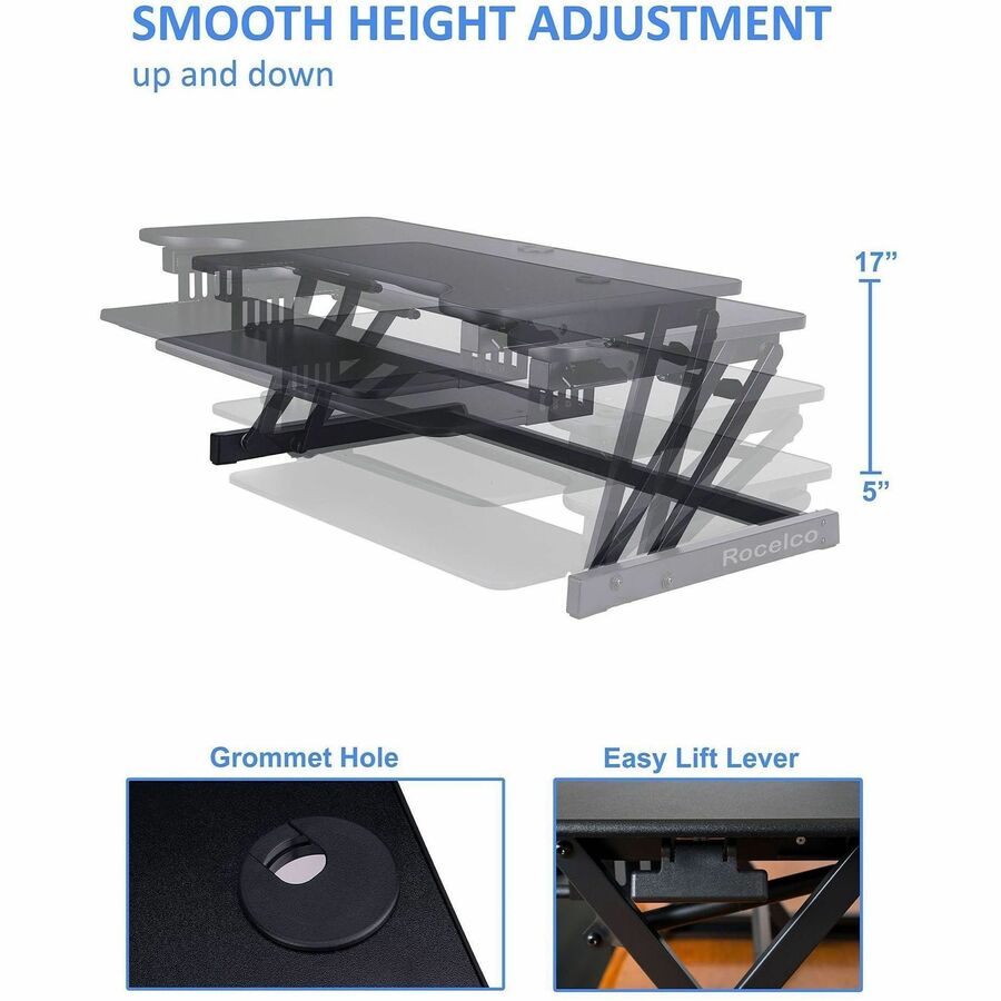 Rocelco DADR 37.4" Deluxe Adjustable Desk Riser, Black, 17" Height x 37.4" Width x 23.3" Depth, Metal Frame, Includes Keyboard Tray and Grommet, 1 Each