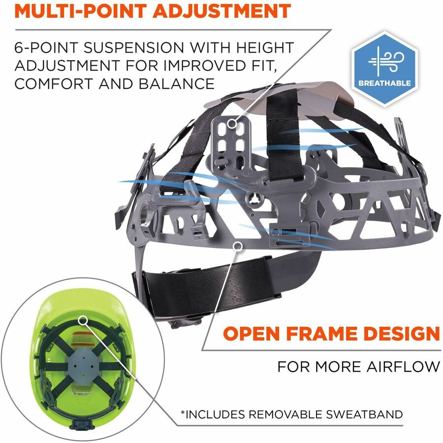 Ergodyne 8966 Lightweight Cap-Style Hard Hat, Lime, High-Density Polyethylene, Adjustable Ratchet, Ventilated, Sweatband, Anti-Impact, 6-Point Suspension, 1 Each
