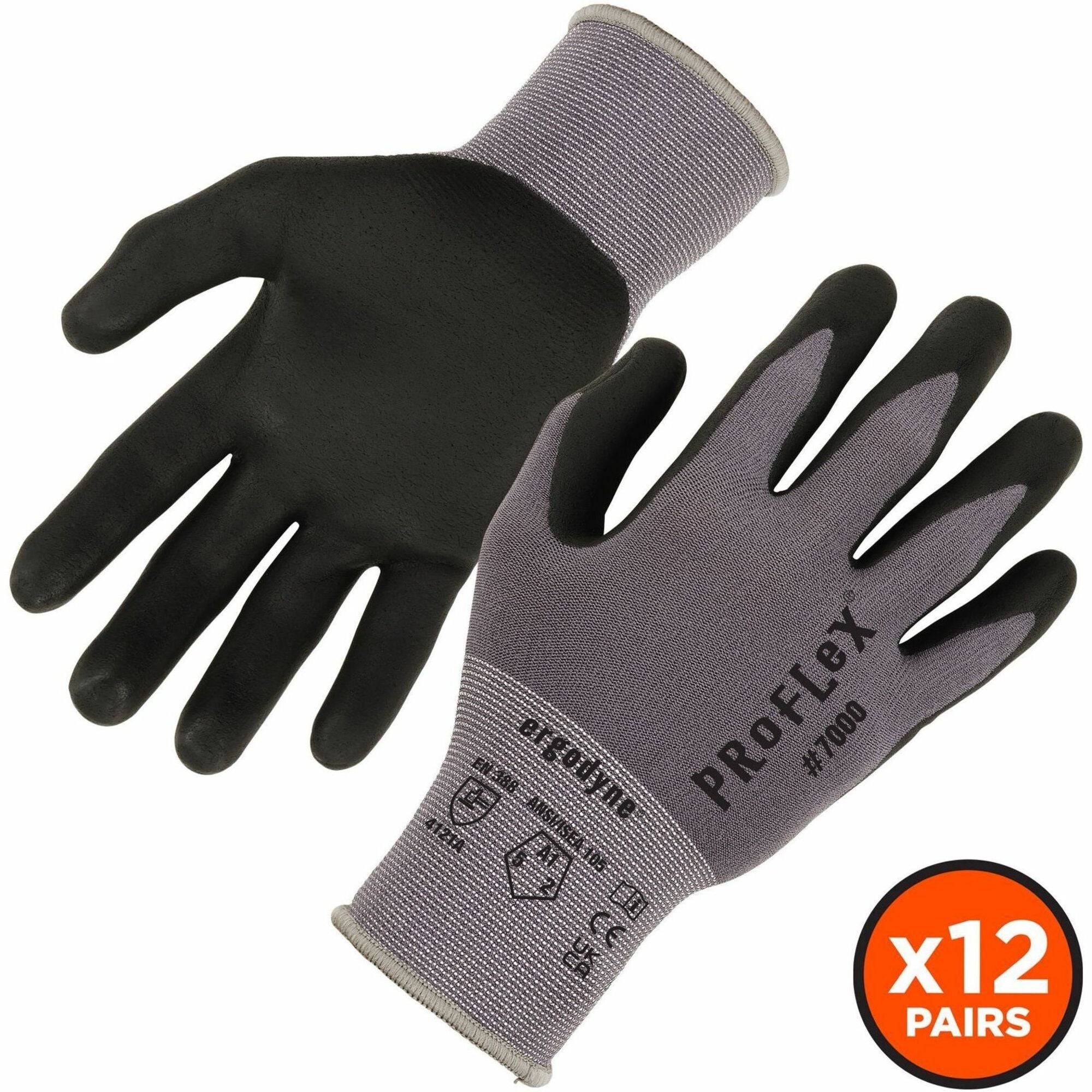 Ergodyne ProFlex 7000 Nitrile-Coated Gloves, X-Small, Gray, 4.50" Length, Touchscreen Capable, Abrasion & Cut Resistant, Lightweight, Flexible, 2/Pair, 12 Pairs/Pack