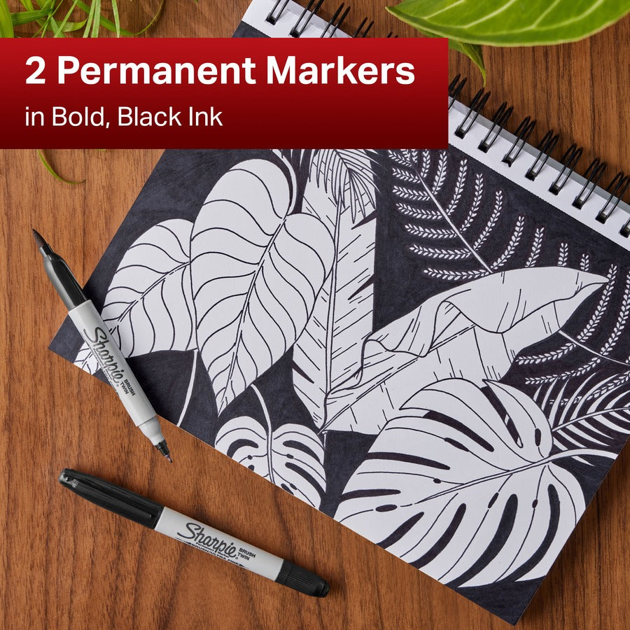 Sharpie Brush Twin Permanent Markers, Dual Tip, Ultra Fine Brush, Black Ink, 2 Pack