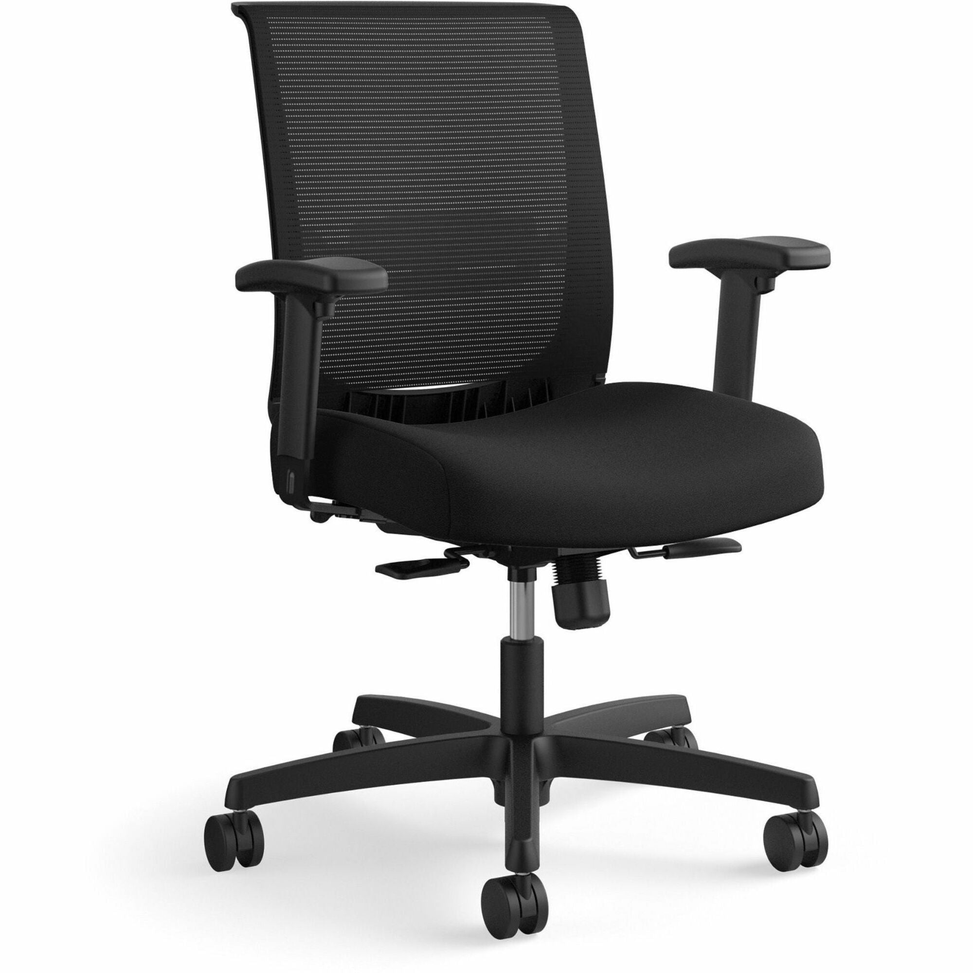 HON Convergence Synchro Tilt Task Chair, Black Fabric Seat, Black Mesh Low Back, Adjustable Arms, 5-Star Base, 1 Each