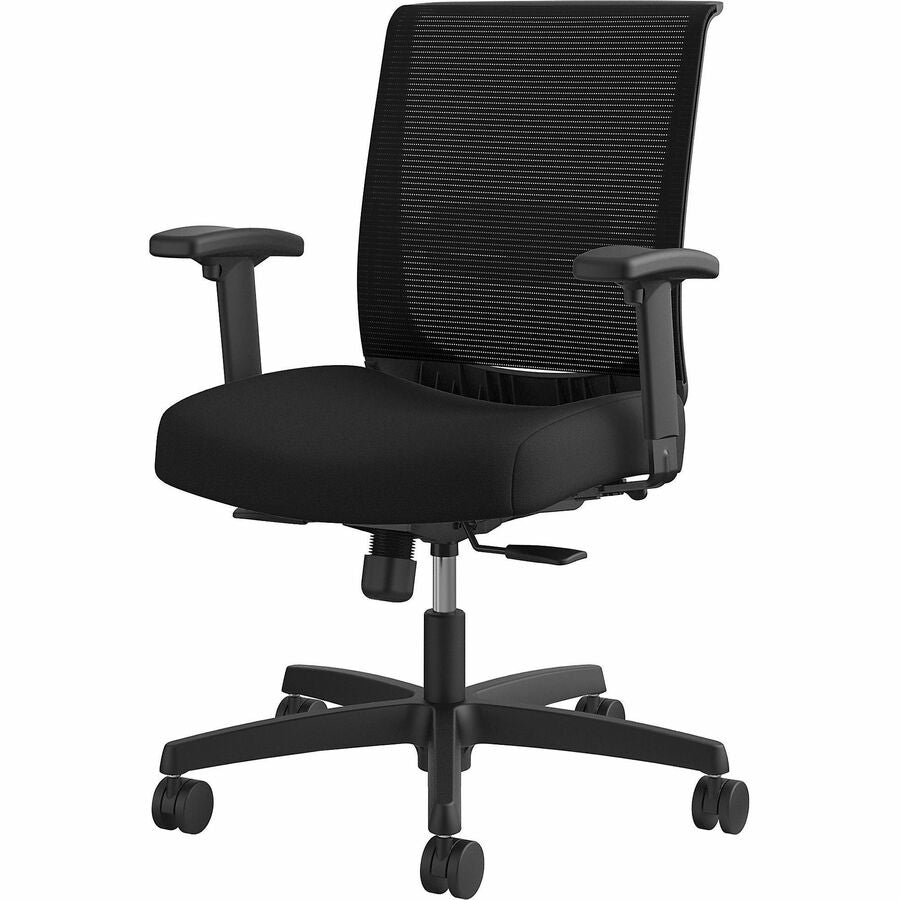HON Convergence Synchro Tilt Task Chair, Black Fabric Seat, Black Mesh Low Back, Adjustable Arms, 5-Star Base, 1 Each