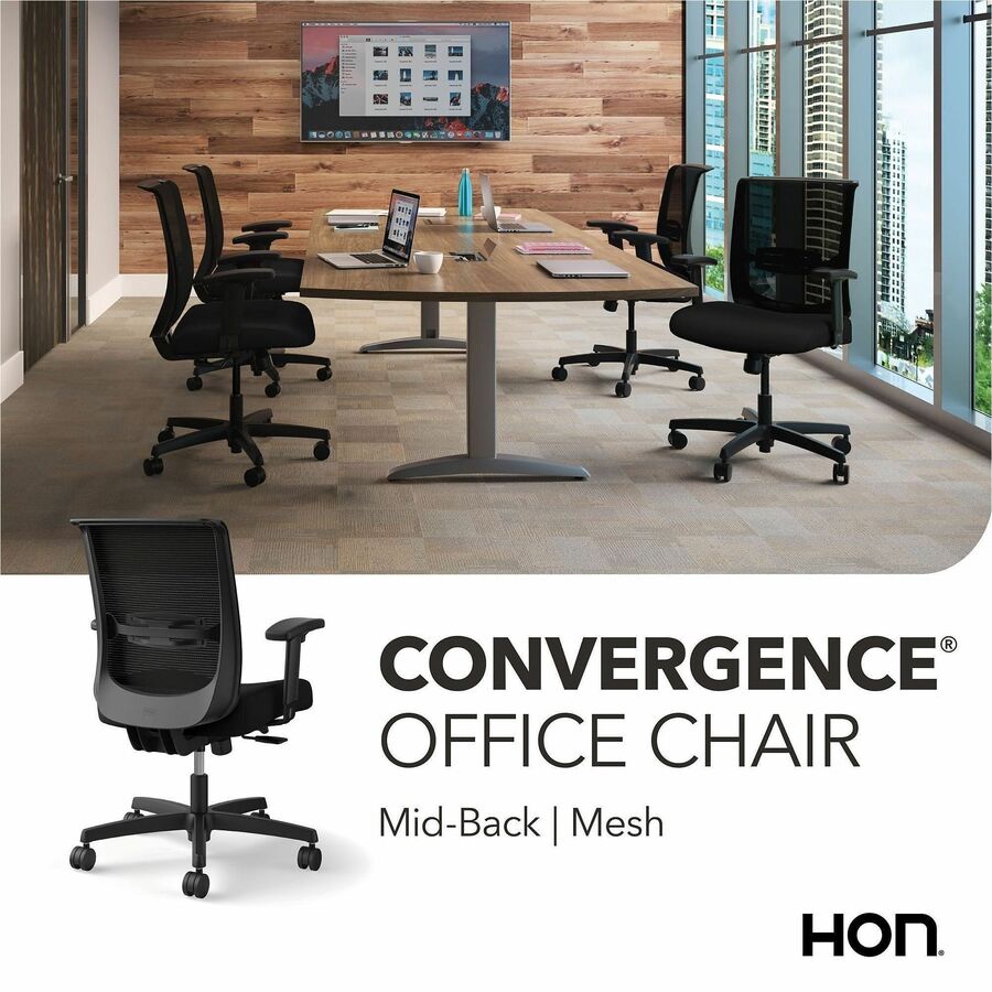 HON Convergence Synchro Tilt Task Chair, Black Fabric Seat, Black Mesh Low Back, Adjustable Arms, 5-Star Base, 1 Each