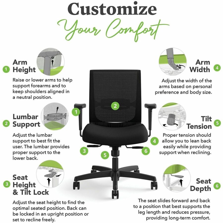 HON Convergence Synchro Tilt Task Chair, Black Fabric Seat, Black Mesh Low Back, Adjustable Arms, 5-Star Base, 1 Each