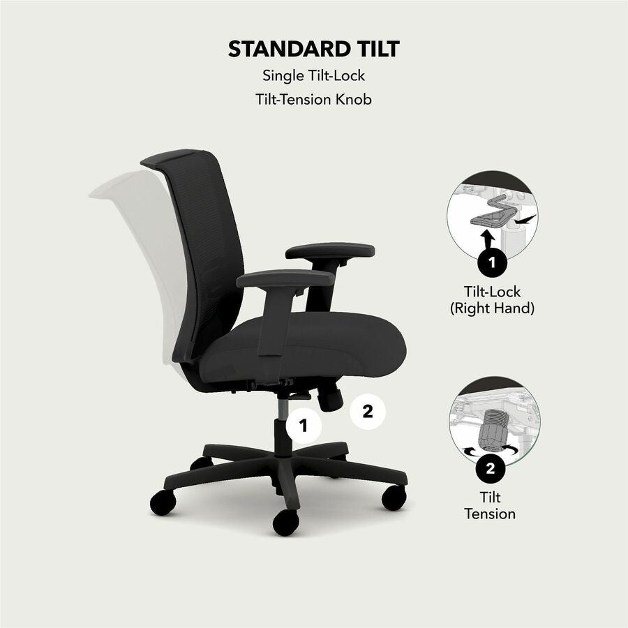 HON Convergence Synchro Tilt Task Chair, Black Fabric Seat, Black Mesh Low Back, Adjustable Arms, 5-Star Base, 1 Each