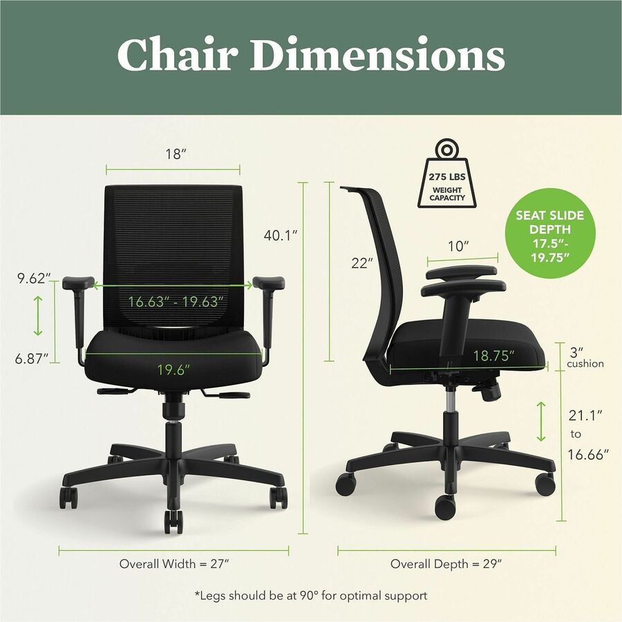 HON Convergence Synchro Tilt Task Chair, Black Fabric Seat, Black Mesh Low Back, Adjustable Arms, 5-Star Base, 1 Each