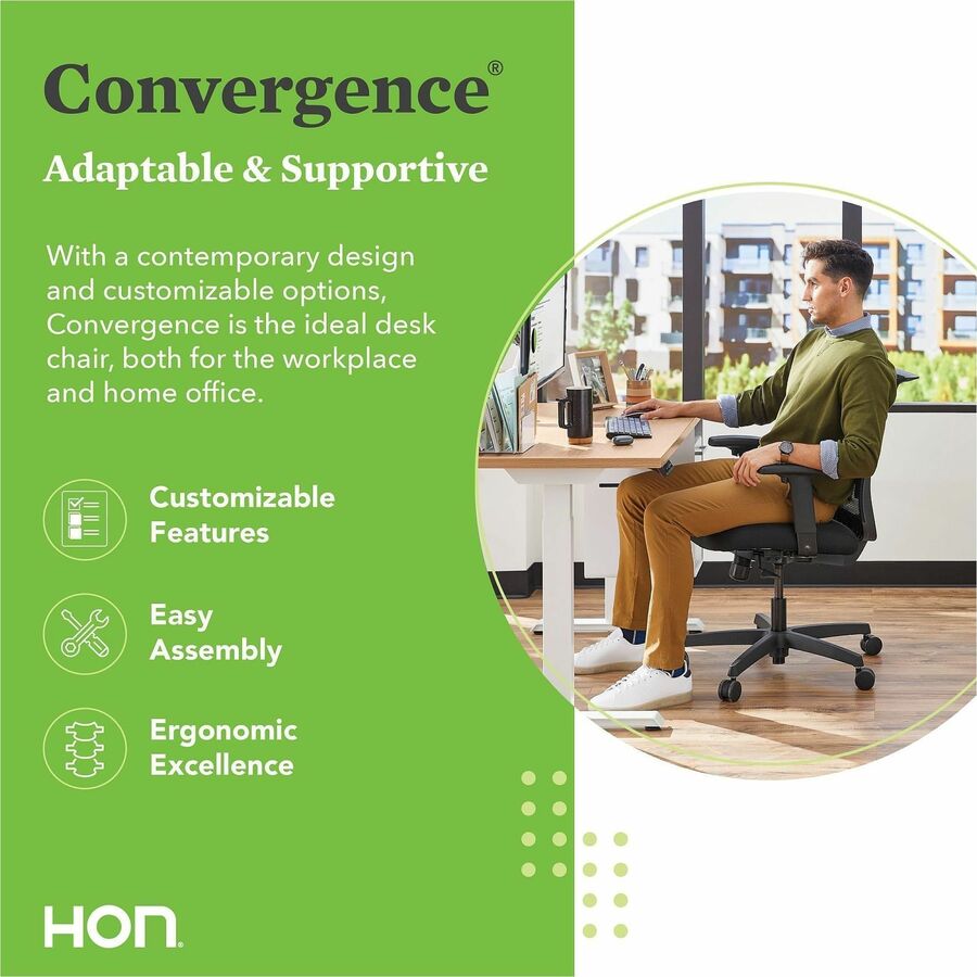HON Convergence Synchro Tilt Task Chair, Black Fabric Seat, Black Mesh Low Back, Adjustable Arms, 5-Star Base, 1 Each