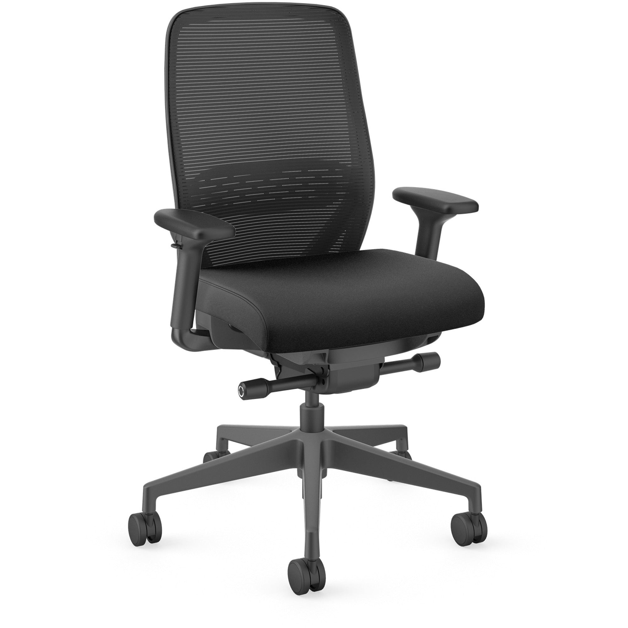 HON Nucleus Task Chair KD, Black Fabric Seat, Black Mesh Back, Black Frame, Adjustable Armrests, Ergonomic Design, 1 Each