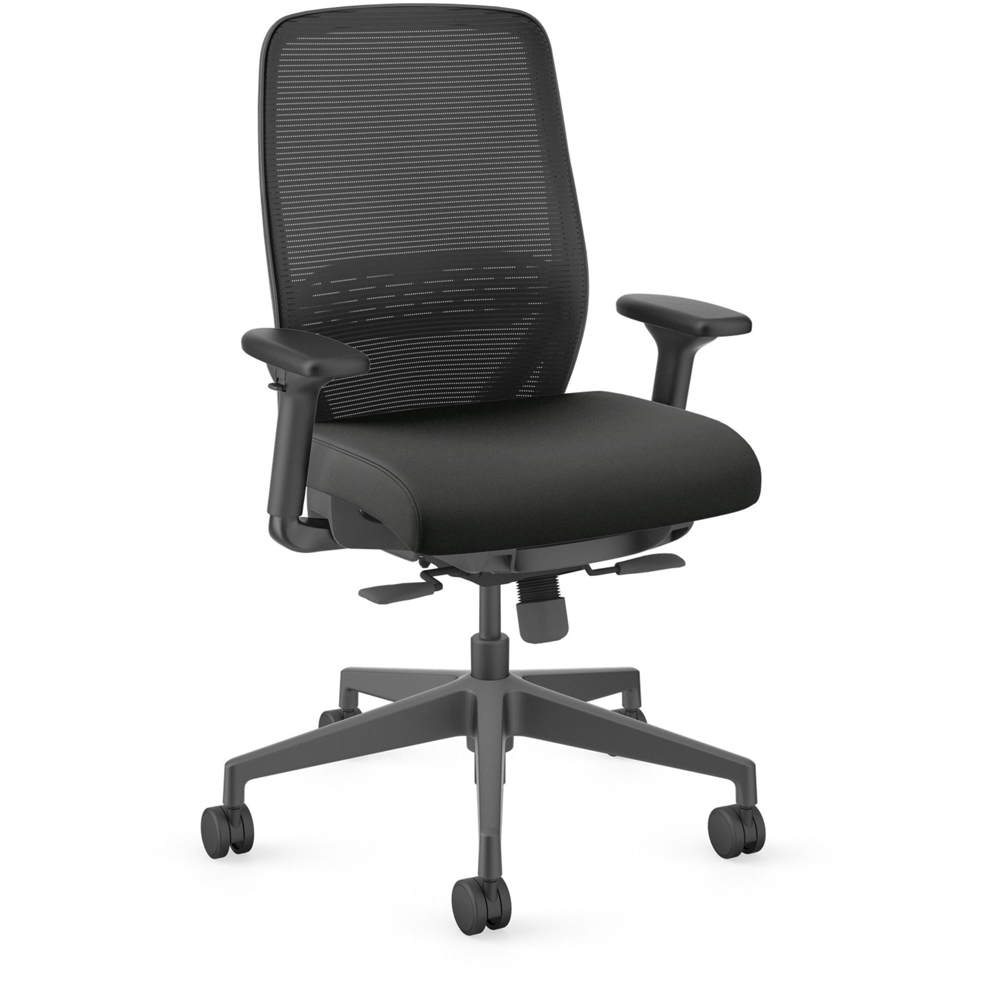 HON Nucleus Task Chair KD, Black Vinyl Seat, Black Mesh Back, Adjustable Armrests, Ergonomic Design, 1 Each