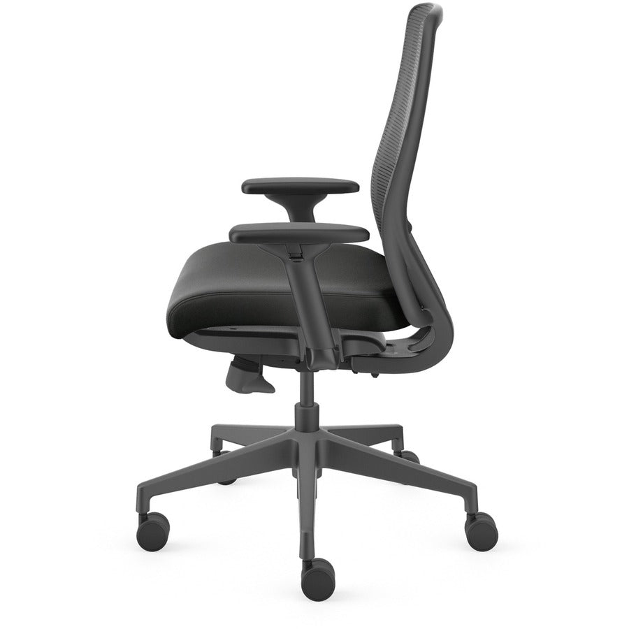 HON Nucleus Task Chair KD, Black Vinyl Seat, Black Mesh Back, Adjustable Armrests, Ergonomic Design, 1 Each