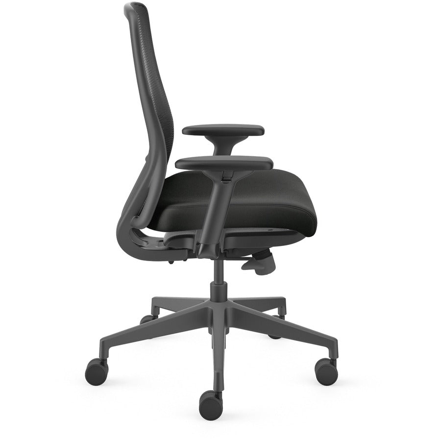 HON Nucleus Task Chair KD, Black Vinyl Seat, Black Mesh Back, Adjustable Armrests, Ergonomic Design, 1 Each