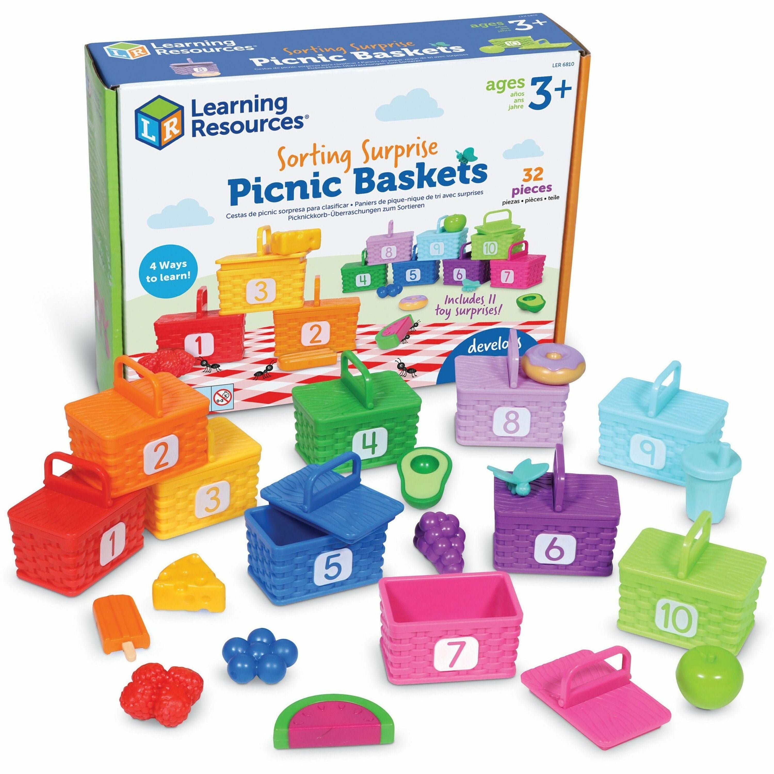 Learning Resources Sorting Surprise Picnic Baskets, 32 Pieces, Includes 10 Picnic Baskets and 10 Colorful Food Surprises, Ages 3-7, Multi-Color, 1 Each