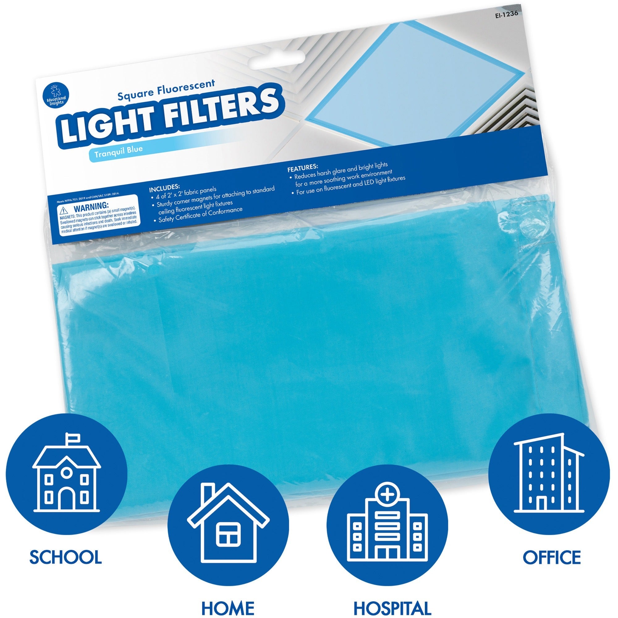 Fluorescent Light Filter Covers, Square, 2 ft x 2 ft, Tranquil Blue, 4 Covers