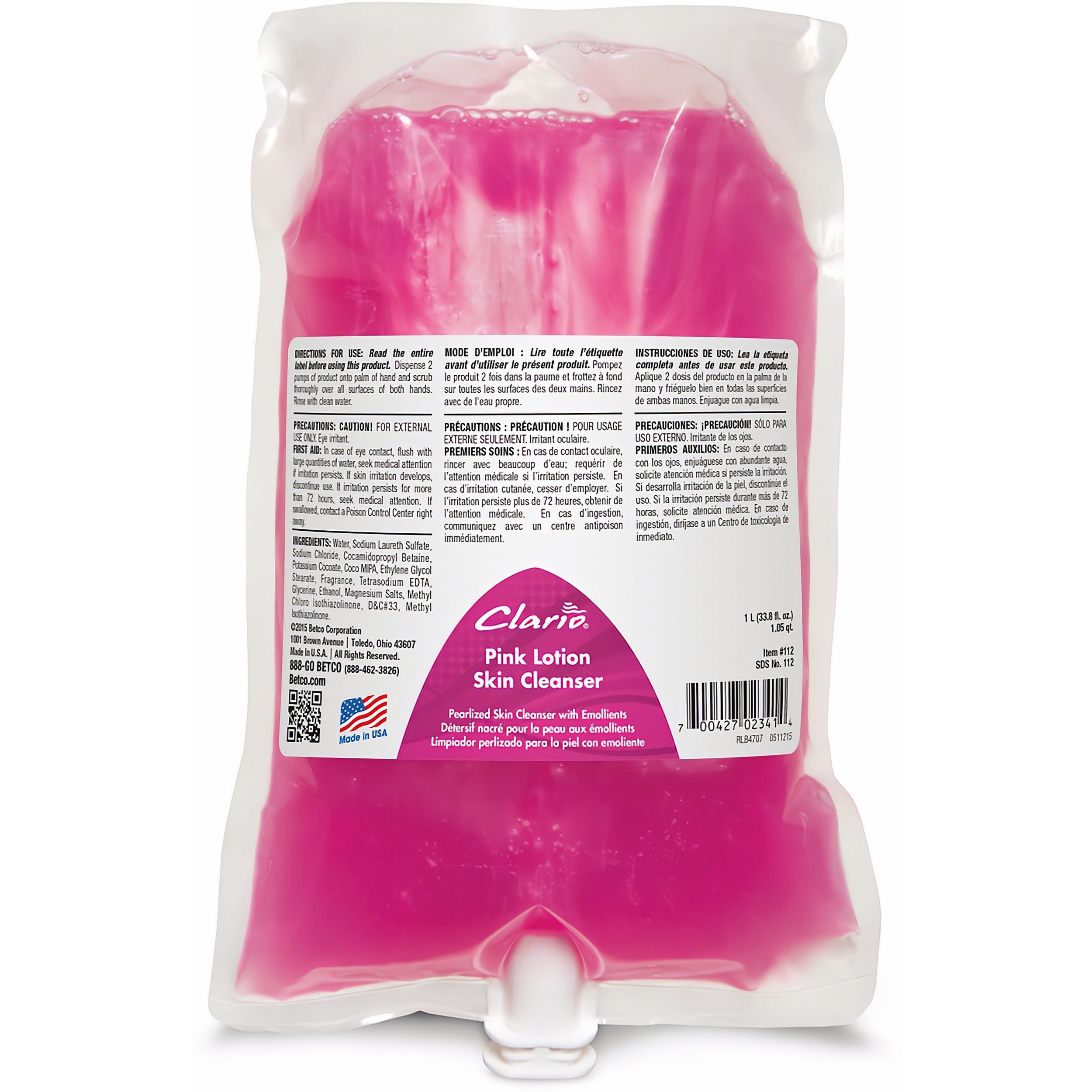 Betco Clario Dispenser Refills, Lotion, 1.06 Quart, Clean Bouquet, Pink, pH Balanced, Non-irritating, 6/Carton