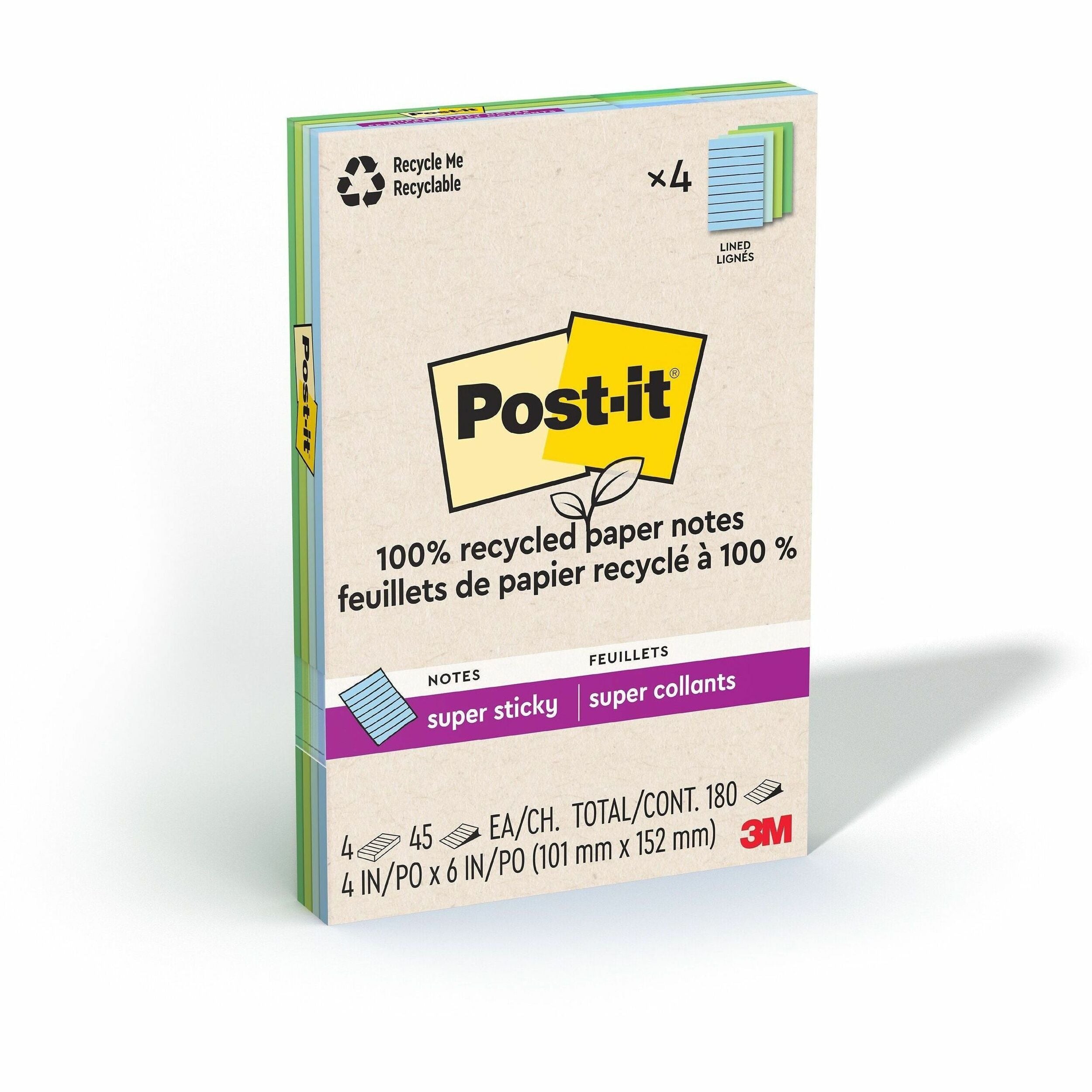 Post-it Super Sticky Adhesive Notes, 4" x 6", Assorted Oasis, 45 Sheets per Pad, 4 Pads per Pack, 180 Notes Total