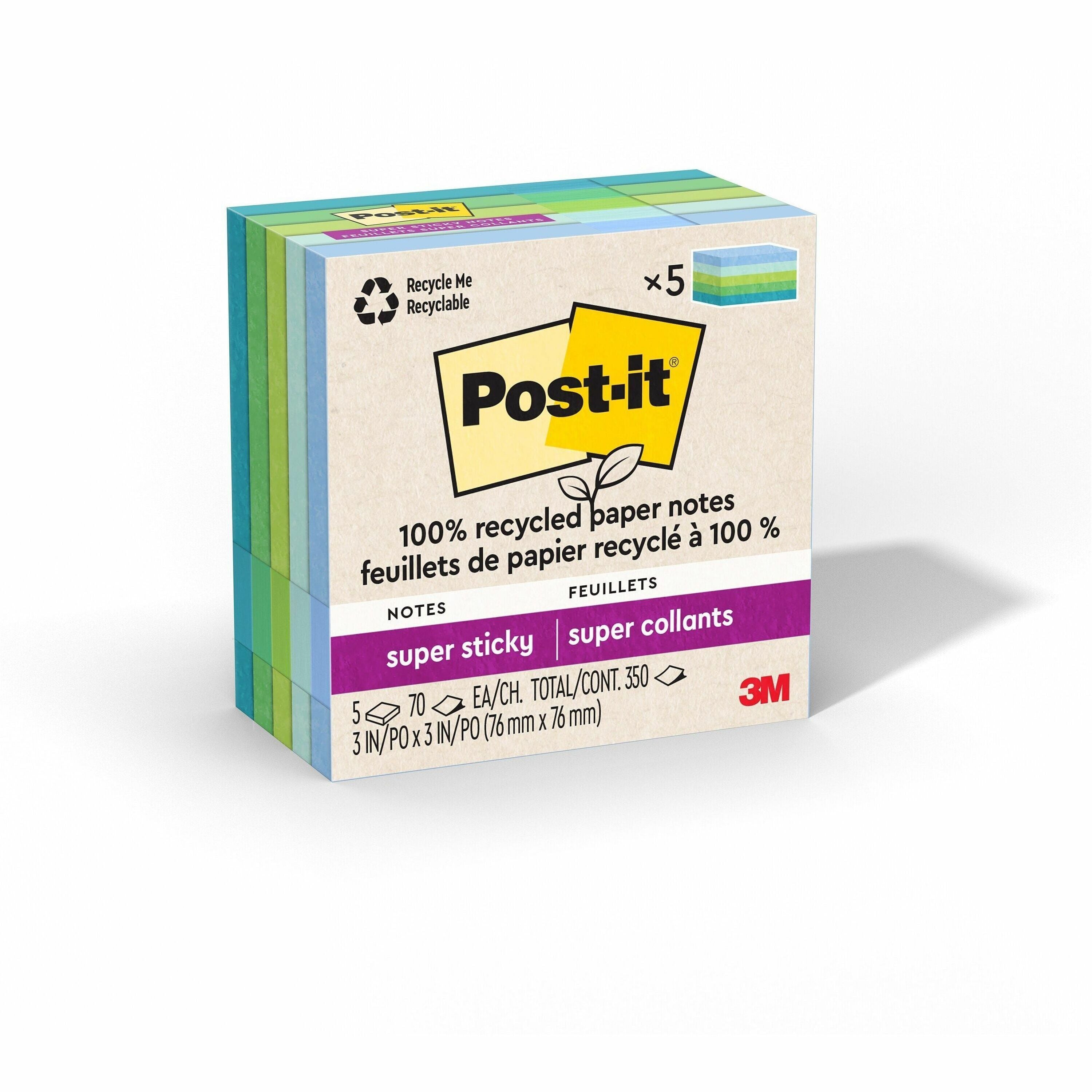 Post-it Super Sticky Adhesive Notes, 3" x 3", Square, Assorted Oasis Colors, 70 Sheets per Pad, 5 Pads per Pack, 350 Notes Total, Removable, Repositionable, Recyclable, Recycled Content