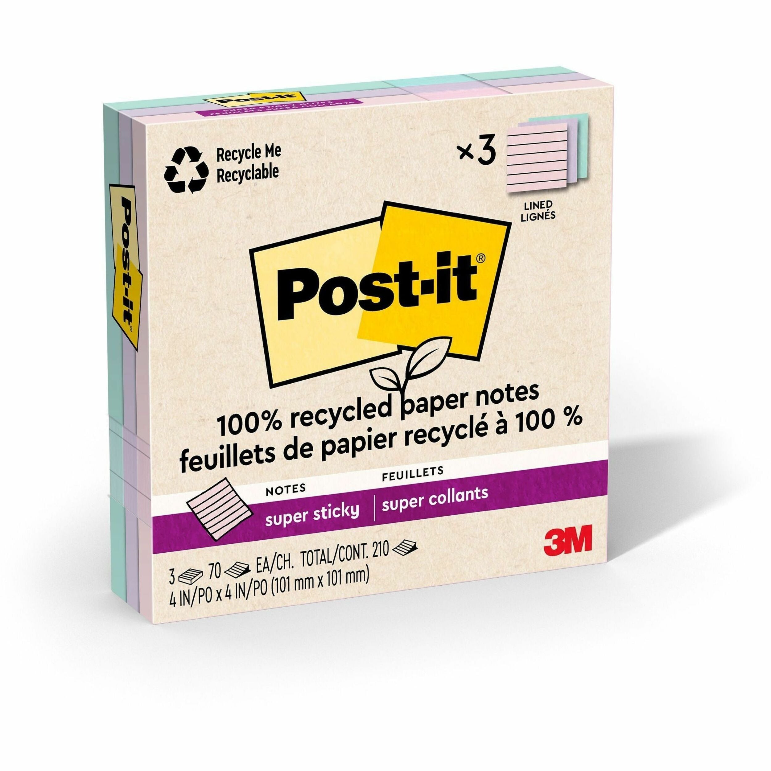 Post-it Super Sticky Adhesive Notes, 4" x 4", Square, 70 Sheets per Pad, Assorted Wanderlust Pastel, 3 Pack, Removable, Repositionable, Recyclable, Recycled Content