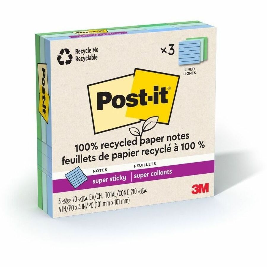 Post-it Super Sticky Adhesive Notes, 4" x 4", Square, Ruled, Assorted Oasis Colors, 70 Sheets per Pad, 3 Pads per Pack, Removable, Repositionable, Recyclable, Recycled Content