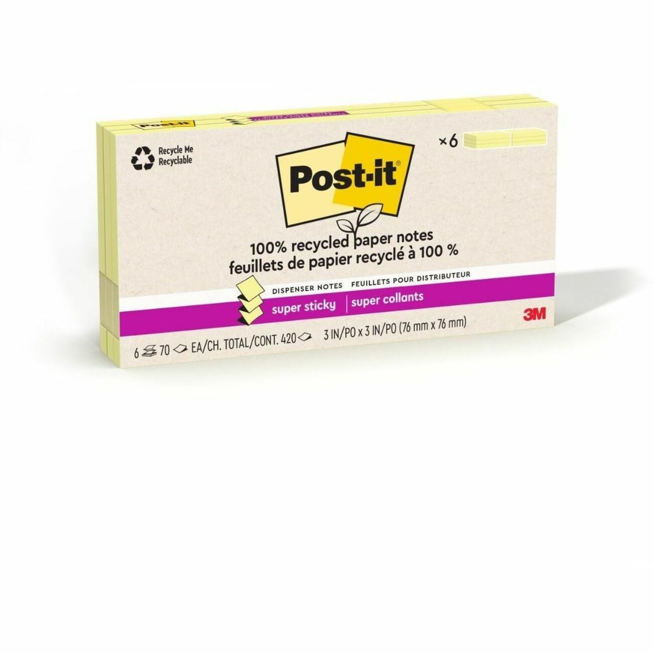 Post-it Super Sticky Adhesive Notes, 3" x 3", Canary Yellow, 70 Sheets per Pad, 12 Pads per Pack, Recycled, Removable, Repositionable, Pop-up